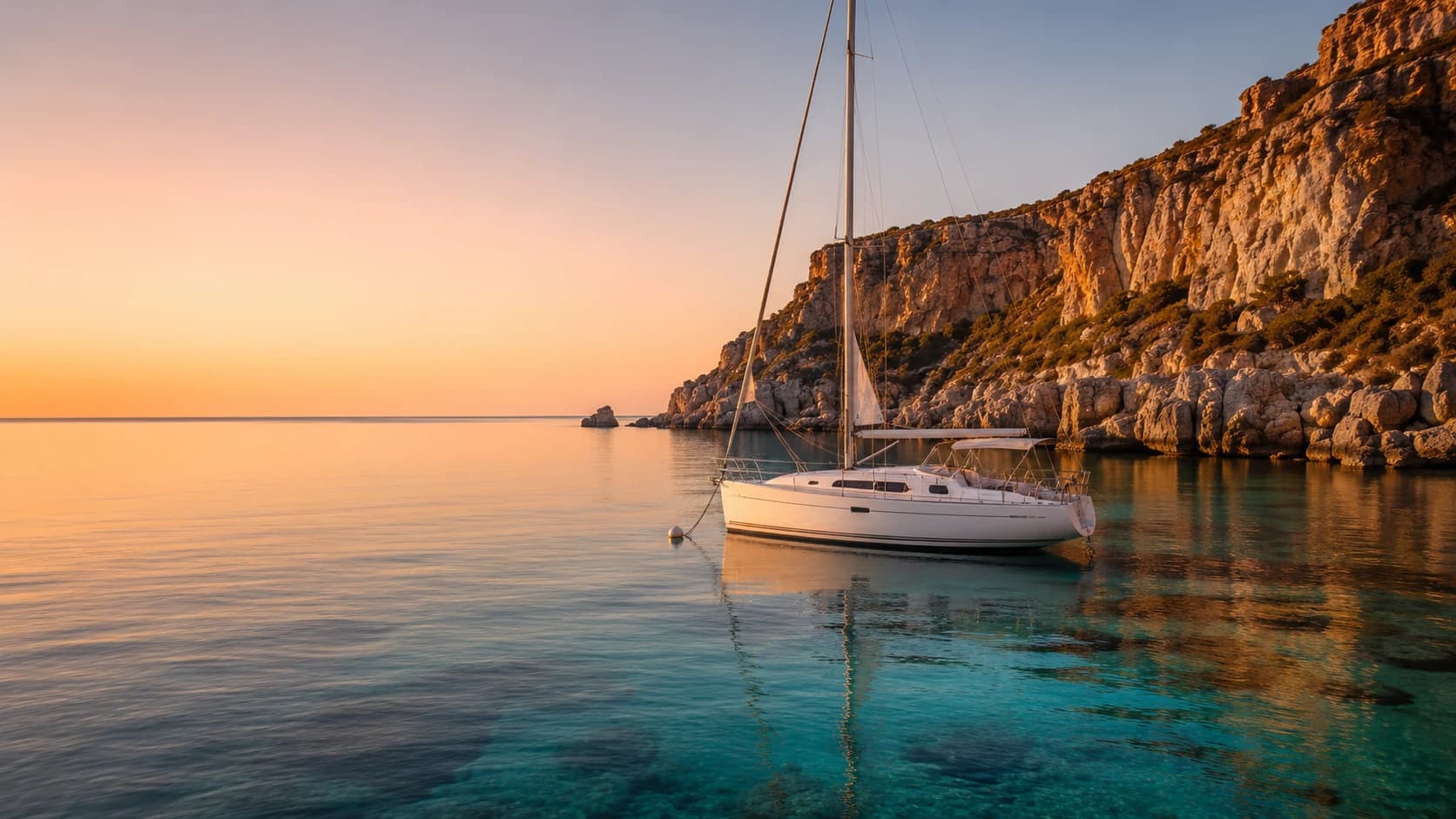 Sailboat at sunset in a turquoise Egadi cove