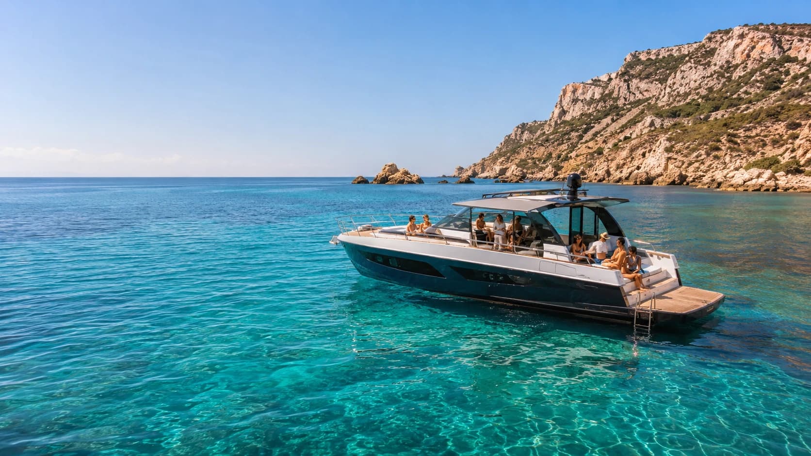 Friends enjoying a boat day on a yacht in a turquoise bay