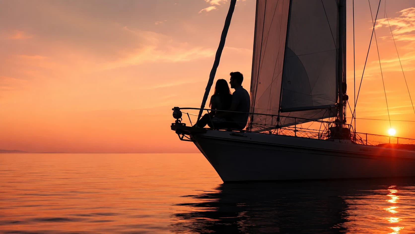Romantic sunset sailing, couple silhouette on a sailboat
