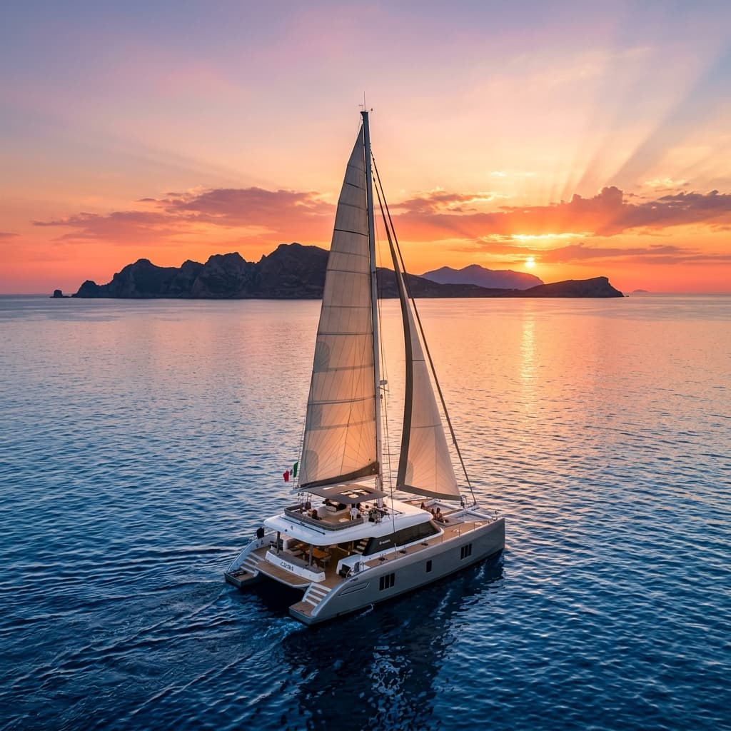 Catamaran sailing at sunset near Egadi